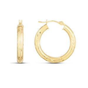 14K Yellow Gold Diamond Cut Textured Design Hoop Earring, full view