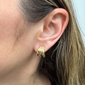 14kt Yellow Gold Triple Row C-Hoop Stud Earrings for Women, Puffed Splayed Design, Push Back Clasp, Elegant Jewelry Gift