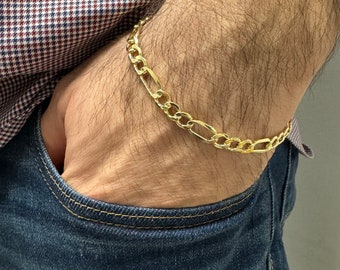 10K Mens Gold Bracelet, Lite Figaro Chain Bracelet, Real Gold Bracelet, Yellow Gold Jewelry, Unisex Bracelet, Anniversary Gift For Him