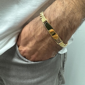 Mens 14K Gold Bracelet, Gold ID Bracelet, Name Bar Bracelet, Mens Personalized Jewelry, Statement Bracelet, Cuban Link Bracelet, Yellow Gold