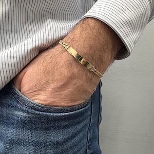 14K Yellow Gold ID Bracelet, Rope Chain Bracelet, Mens Personalized Jewelry, Womens Custom Name Bracelet, Name Bar Bracelet, Plate Bracelet