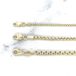 Solid 14K Gold Round Box Chain with Lobster Lock, 1.6mm 2.5mm 3.6mm Wide, 16&quot; 18&quot; 20 &quot;22&quot; 24&quot;, Real Gold Necklace, Rounded Box Chain, Women