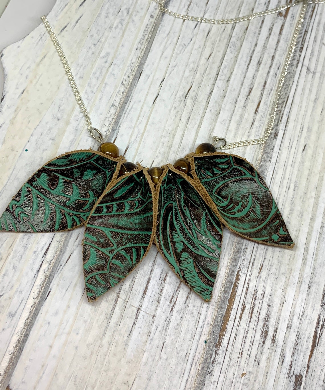 Leather necklace leather leaf necklace boho style turquoise Etsy