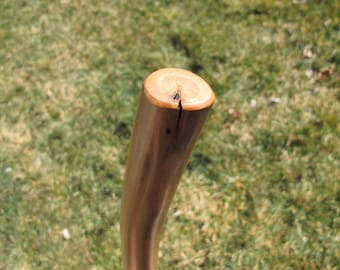 May include: Close-up of the top of a wooden walking stick with a natural wood finish. The stick has a slight curve and a knot in the wood.