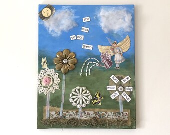 Garden fairy collage, mixed media art on canvas "Going Green" wall hanging