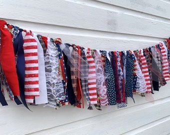 Red White & Blue party banner, 3 foot wide, summer rag tie garland