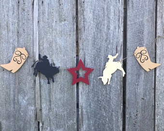 Rodeo party garland, die cut cardstock banner, bull rider, western boots & star