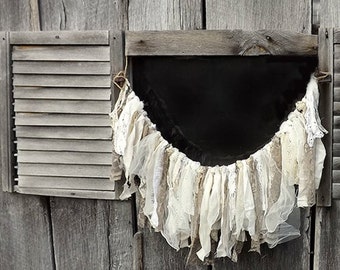 Rustic lace & tattered fabric garland, 3 foot window valance