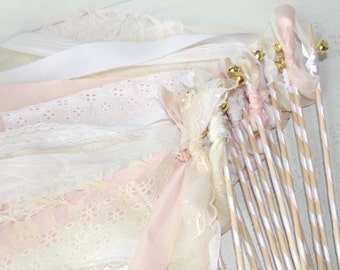 Pink blush wedding wands, 150 double streamers with bells, fairy tale wedding