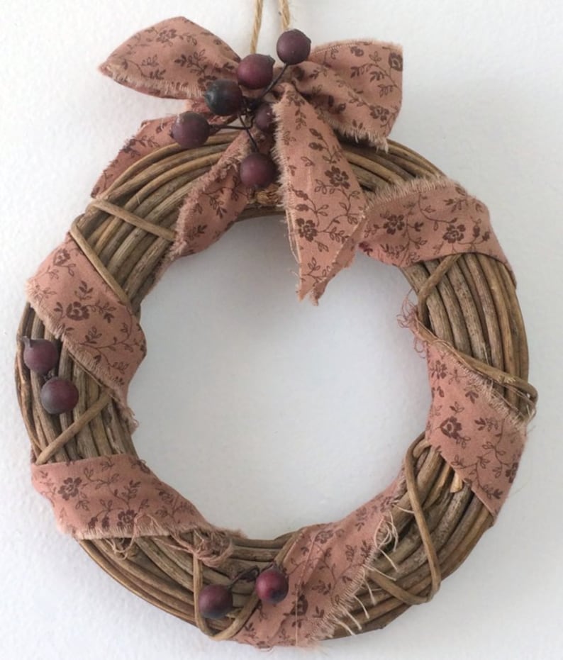 rustic country chic holiday wall hanging Mini twig Christmas wreath tattered fabric /& berries farmhouse decoration