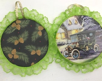 Recycled greeting card Christmas ornaments on wood rounds, antique car theme