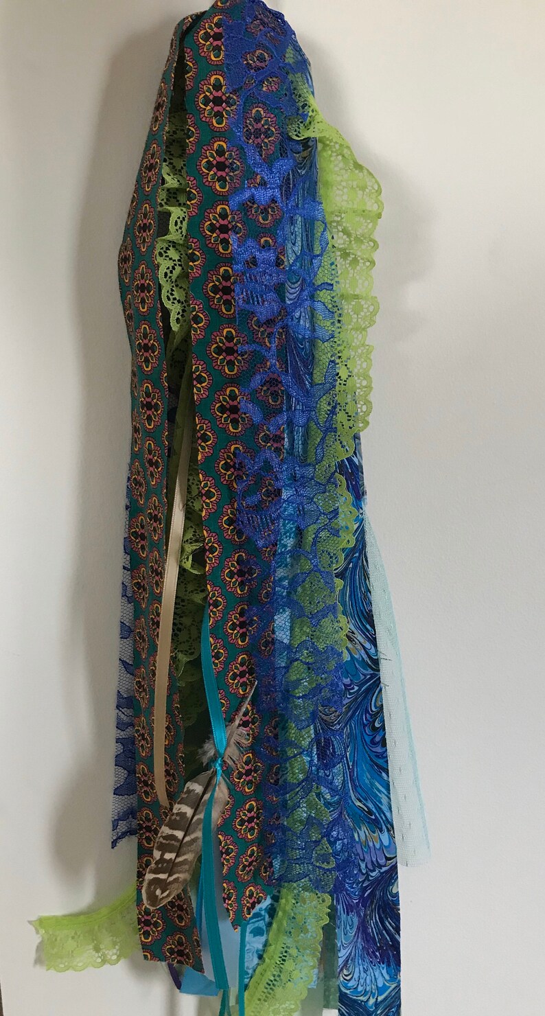 Boho balloon tassel, fabric lace & peacock feathers, tambourine scarf image 6