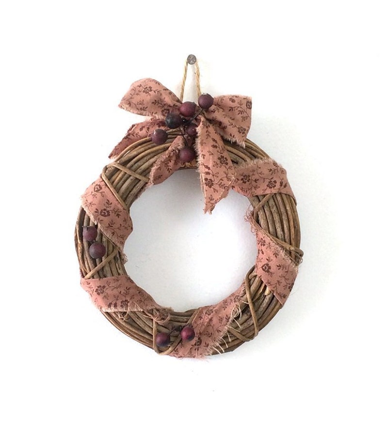 rustic country chic holiday wall hanging Mini twig Christmas wreath tattered fabric /& berries farmhouse decoration