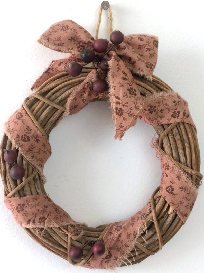 rustic country chic holiday wall hanging Mini twig Christmas wreath tattered fabric /& berries farmhouse decoration