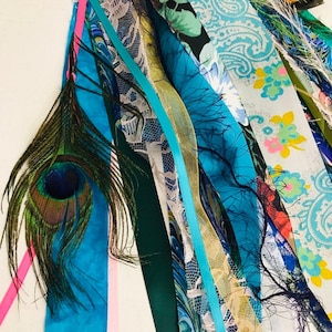 Gypsy tambourine scarf, hand drum tassel, balloon tail, fabric fringe lace & peacock feathers image 8