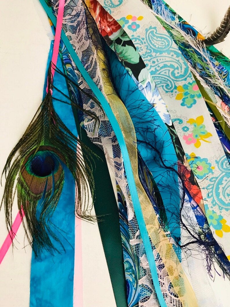 Gypsy tambourine scarf, hand drum tassel, balloon tail, fabric fringe lace & peacock feathers image 8