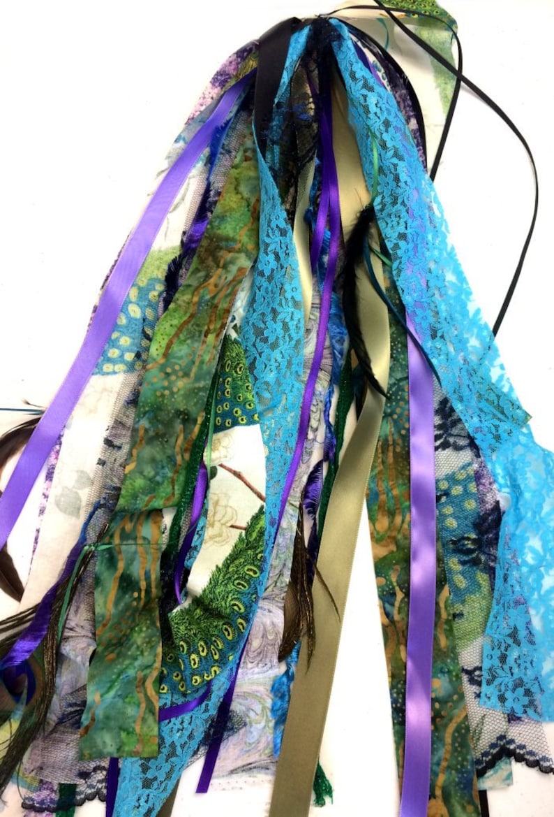 Gypsy tambourine scarf, hand drum tassel, balloon tail, fabric fringe lace & peacock feathers image 9