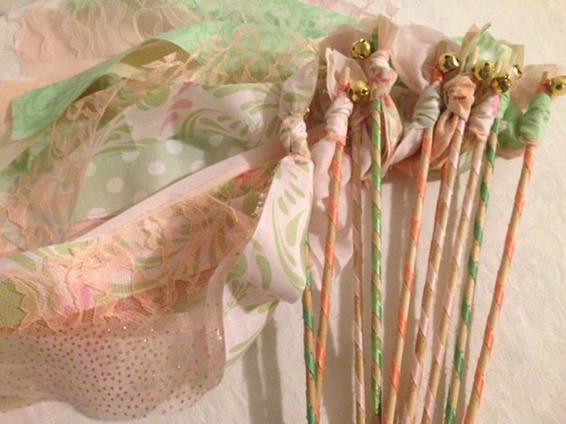 Rustic Chic Wedding Girl Birthday Party Favors Fairy Princess Wands Streamers with Bell Bride Groom Send Off Set of 24