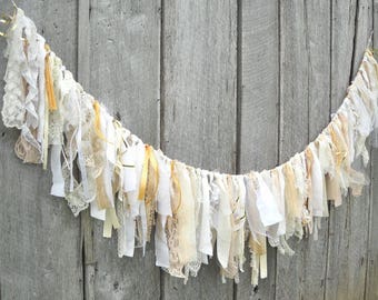 Barn wedding banner, fabric & lace garland, backdrop photo prop