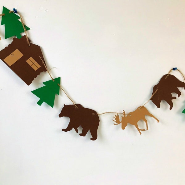 Log cabin woodland animal party banner, die cut cardstock garland, Adirondack camping