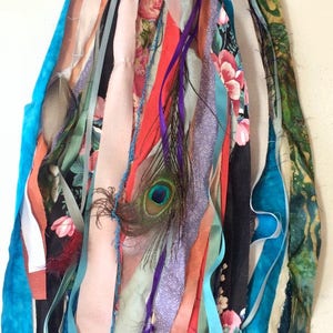 Boho balloon tassel, fabric lace & peacock feathers, tambourine scarf image 3