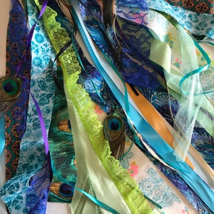 Boho balloon tassel, fabric lace & peacock feathers, tambourine scarf image 9