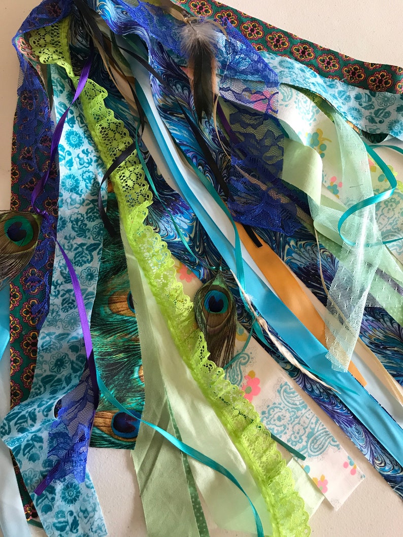 Boho balloon tassel, fabric lace & peacock feathers, tambourine scarf image 9