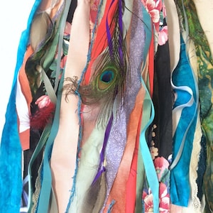 Boho balloon tassel, fabric lace & peacock feathers, tambourine scarf image 10