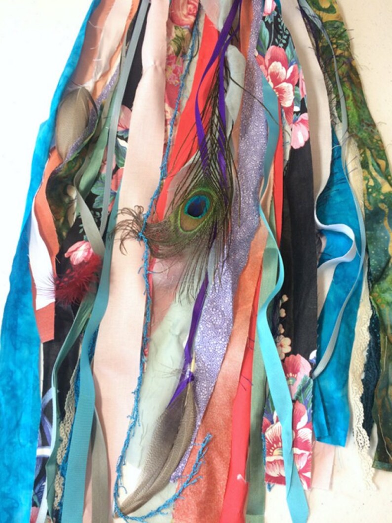 Boho balloon tassel, fabric lace & peacock feathers, tambourine scarf image 10