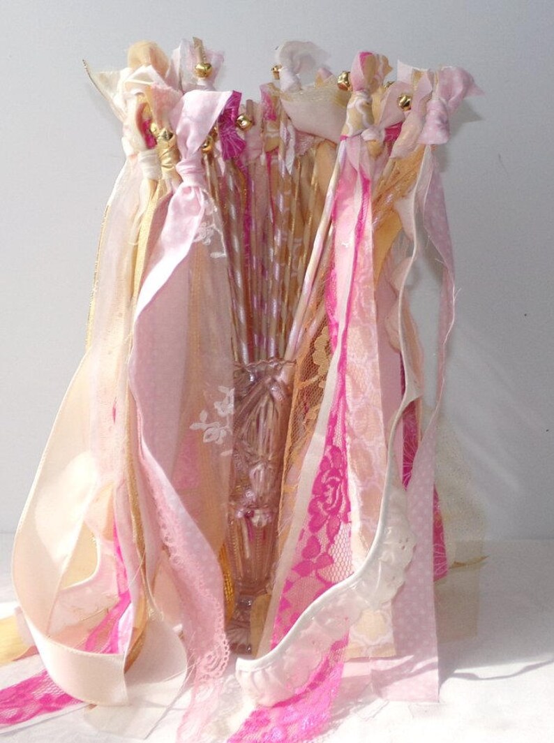Rustic Chic Wedding Girl Birthday Party Favors Fairy Princess Wands Streamers with Bell Bride Groom Send Off Set of 24