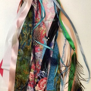 Gypsy tambourine scarf, hand drum tassel, balloon tail, fabric fringe lace & peacock feathers image 10