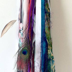 Boho balloon tassel, fabric lace & peacock feathers, tambourine scarf image 5