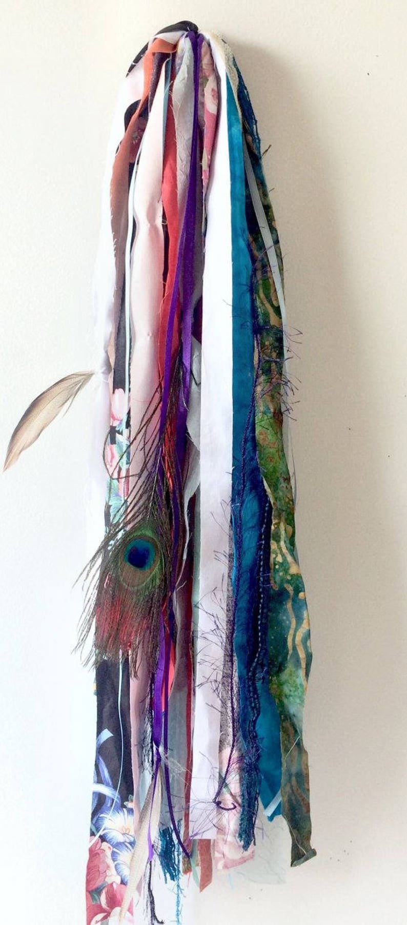 Boho balloon tassel, fabric lace & peacock feathers, tambourine scarf image 5