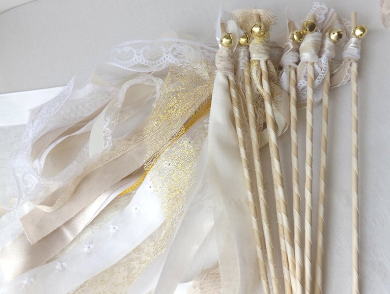 Rustic Chic Wedding Girl Birthday Party Favors Fairy Princess Wands Streamers with Bell Bride Groom Send Off Set of 24