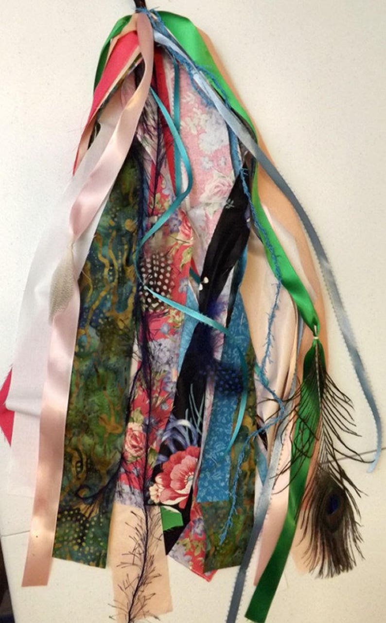 Boho balloon tassel, fabric lace & peacock feathers, tambourine scarf image 8