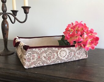 Recycled upholstery floppy fabric basket with handles, fun granny chic decor