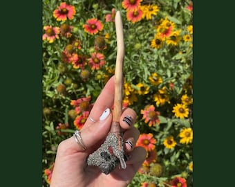 Xanda LocWand Moldavite Amethyst Cacoxenite Prophecy Stone Red Jasper Hand Pyrite Apricot Wood Carved Hair Stick Wand Magic Spell Casting