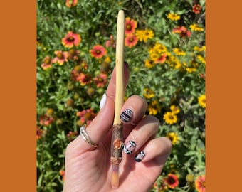 Maya LocWand Hair Stick Sunstone Fossilized Bamboo Crushed Carnelian Apricot Wood Hand Carved Wooden Updo Pin Wand