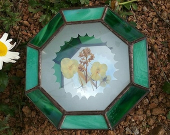 Vintage Hexagon Stained Glass Pressed Flower Mirrored Jewelry Box  Mirror Chain Green 8 Sided