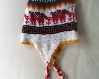 Reversible Peruvian Alpaca Chullo Hat Double Sided 2 in 1 Yellow White