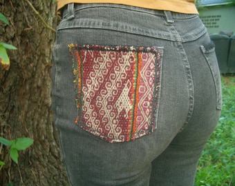 Upcycled High Waisted Black Gray Jeans Pants 90s 80s Retro Rocker Boho Bohemian Textile Vintage Weaving Woven Wrangler Plant Dye Organic