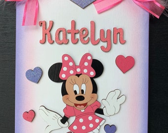 Minnie Mouse Personalized wooden hand-painted decorative Minnie Mouse personalized kids room sign Red and yellow Minnie Mouse colors