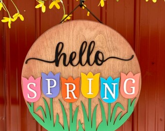 Hello Spring Welcome Wooden Painted Decorative hanging sign Hello Spring Front door or Porch sign Wooden painted welcome sign