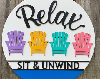 Relax Sit & Unwind Wooden Painted Decorative Hanging Circle Sign Welcome Porch or Patio Sign Summer decorative door hanging sign wooden