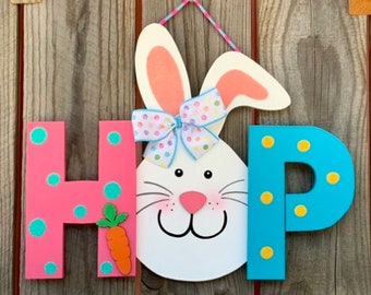 Easter Bunny HOP Wooden painted Easter Hanging Sign Welcome Easter Door decor Easter hanging sign Easter door sign Easter wall decor