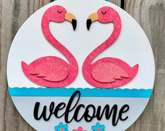 Round circle wooden painted welcome sign Flamingo