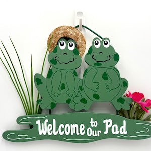 PERSONALIZED  Welcome Sign - Welcome to our Pad Frog decoration Springtime Frog Couple wooden painted sign