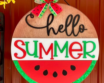 Hello Summer Watermelon Wooden Painted Decorative hanging sign Hello Summer Front Door sign