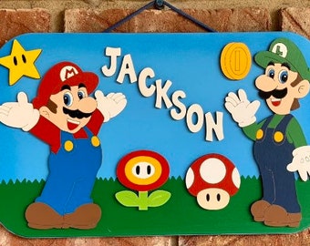 Mario & Luigi Personalized Wooden Painted Kids room sign Mario Cart Bedroom Sign Mario Cart Room Sign Mario Cart kids Personalized sign