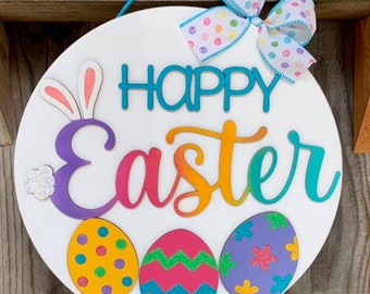 Happy Easter Round Wooden Painted Circle Sign